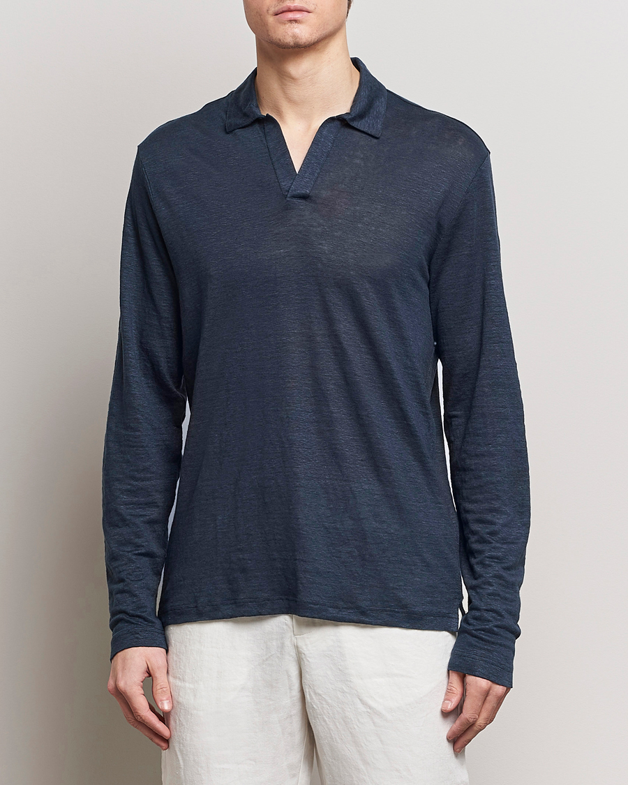 Herr | Kläder | Gran Sasso | Washed Linen Long Sleeve Polo Navy