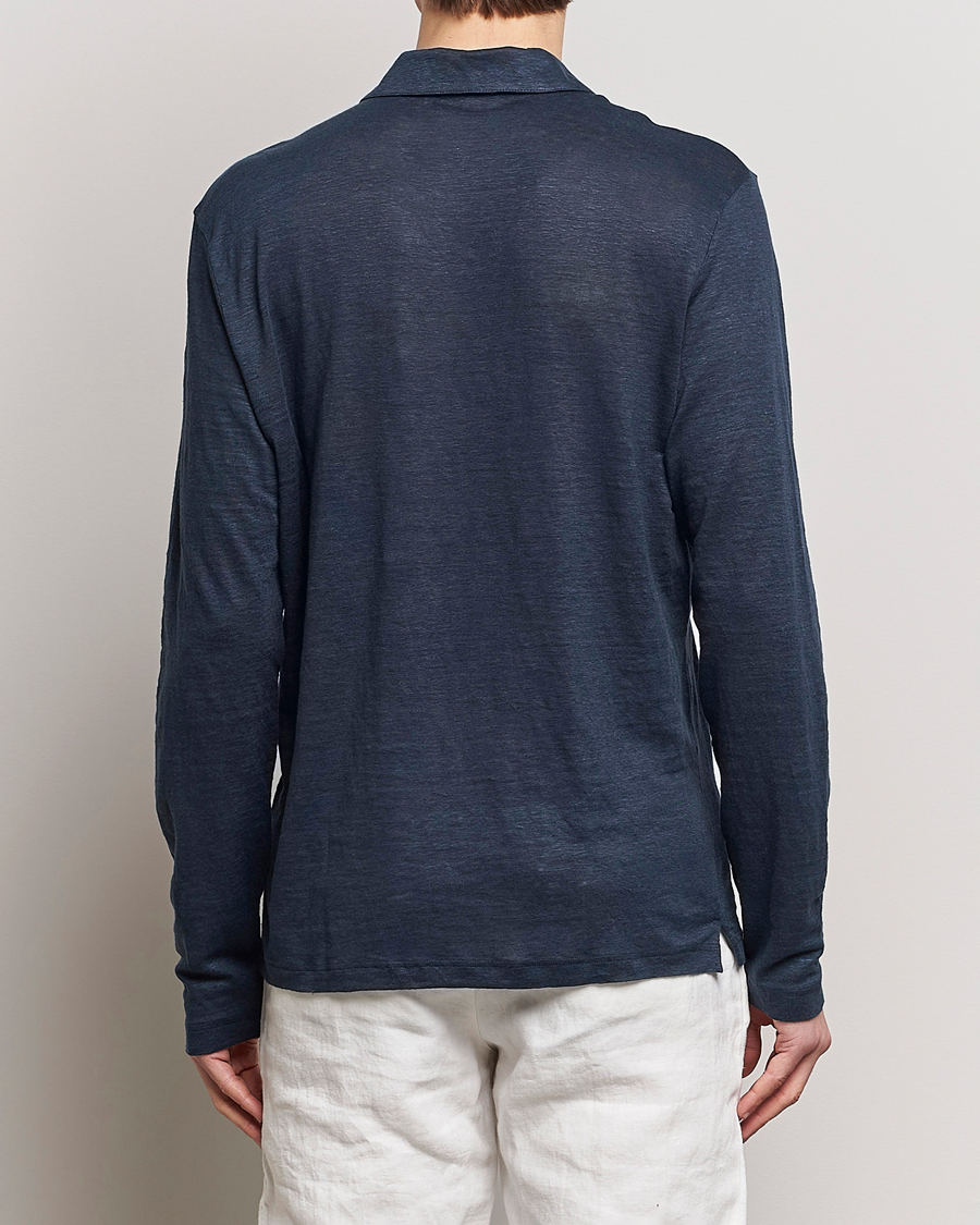 Herr | Tröjor | Gran Sasso | Washed Linen Long Sleeve Polo Navy
