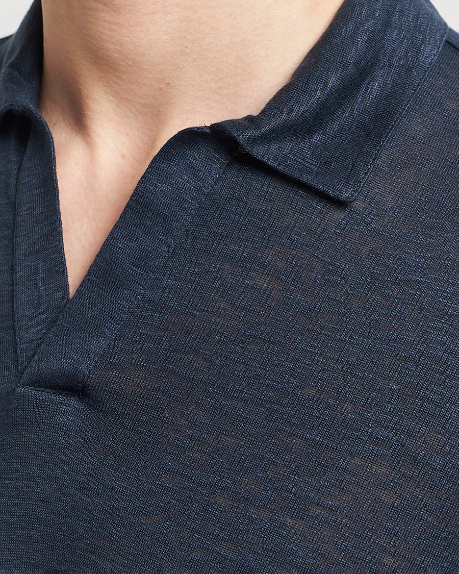 Herr | Tröjor | Gran Sasso | Washed Linen Long Sleeve Polo Navy