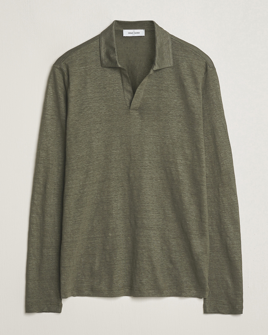 Herr | Tröjor | Gran Sasso | Washed Linen Long Sleeve Polo Dark Green Melange