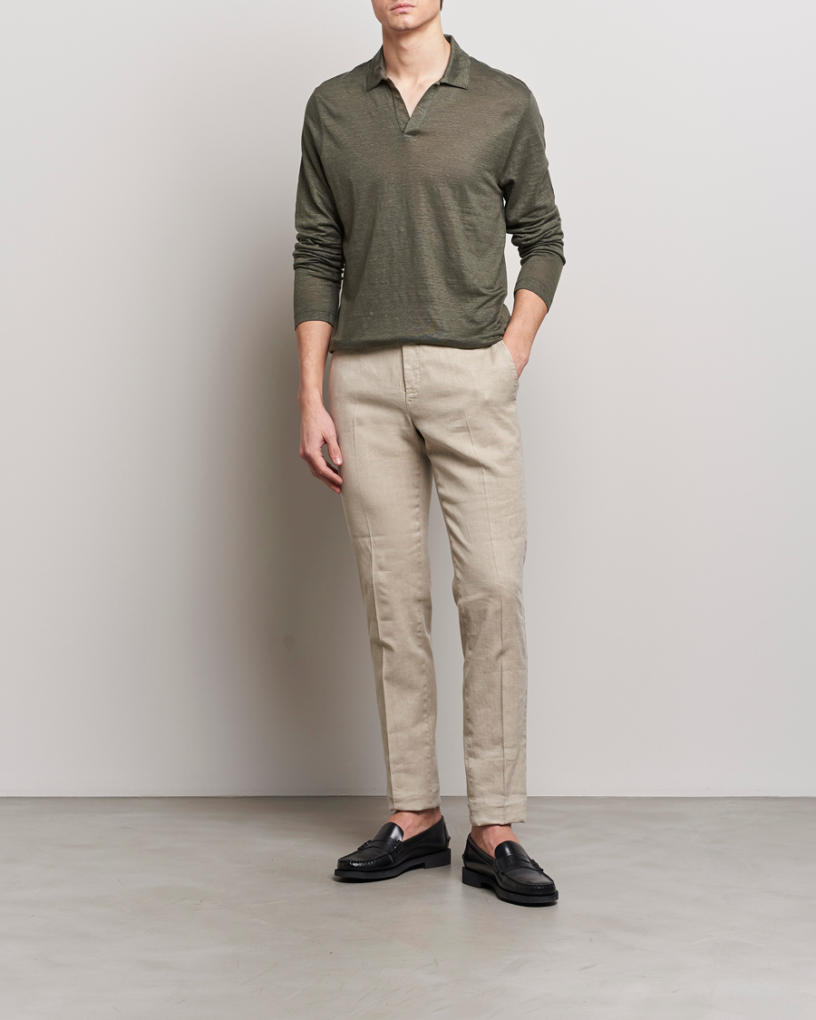 Herr | Tröjor | Gran Sasso | Washed Linen Long Sleeve Polo Dark Green Melange