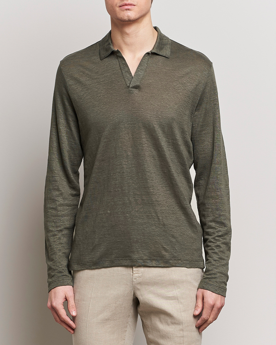 Herr | Pikéer | Gran Sasso | Washed Linen Long Sleeve Polo Dark Green Melange