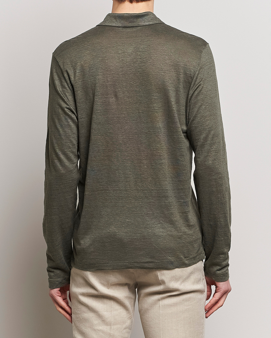 Herr | Tröjor | Gran Sasso | Washed Linen Long Sleeve Polo Dark Green Melange