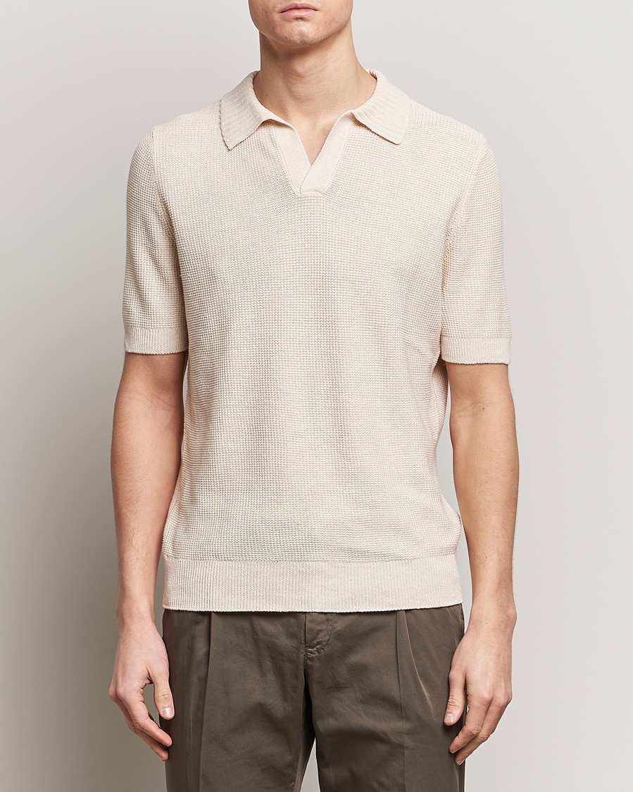 Herr | Pikéer | Gran Sasso | Linen/Cotton Open Collar Polo Cream