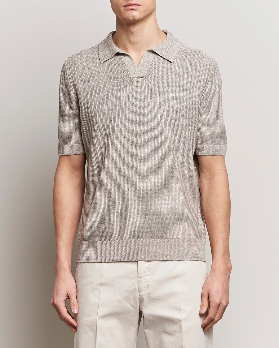 Herr | Gran Sasso | Gran Sasso | Linen/Cotton Open Collar Polo Beige Melange