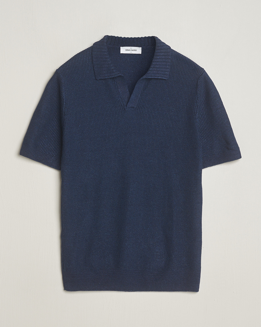 Herr | Pikéer | Gran Sasso | Linen/Cotton Open Collar Polo Navy