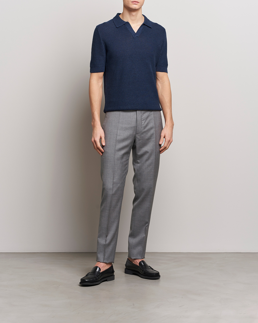 Herr | Pikéer | Gran Sasso | Linen/Cotton Open Collar Polo Navy
