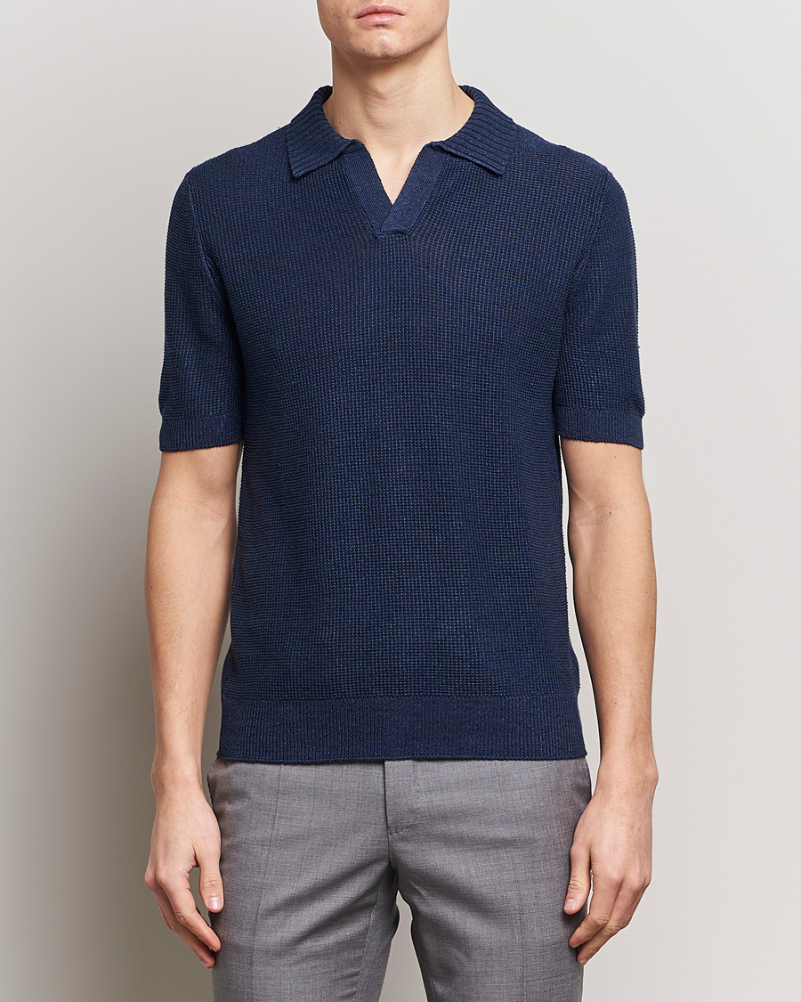 Herr | Kortärmade pikéer | Gran Sasso | Linen/Cotton Open Collar Polo Navy