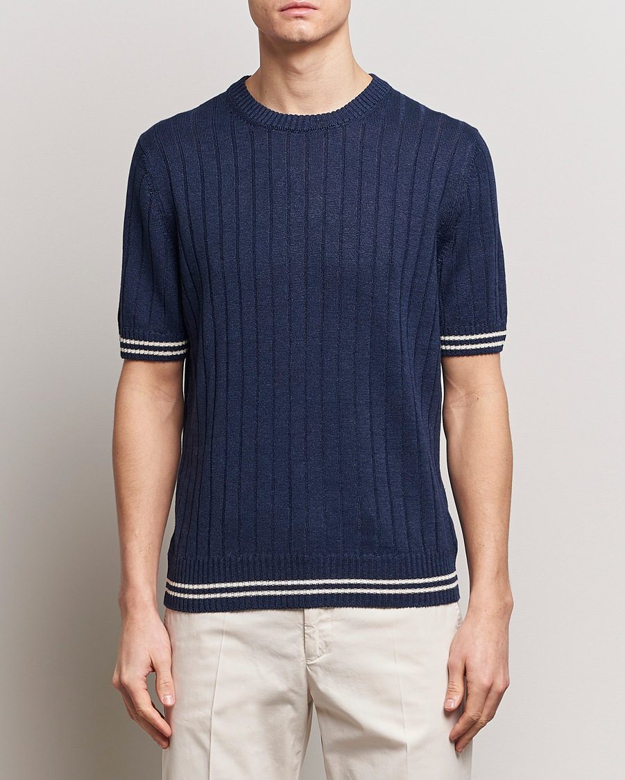 Herr | Kortärmade t-shirts | Gran Sasso | Linen/Cotton Structured T-Shirt Navy