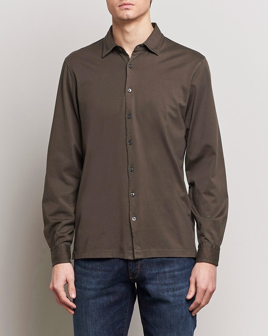 Herr |  | Gran Sasso | Washed Cotton Jersey Shirt Dark Brown