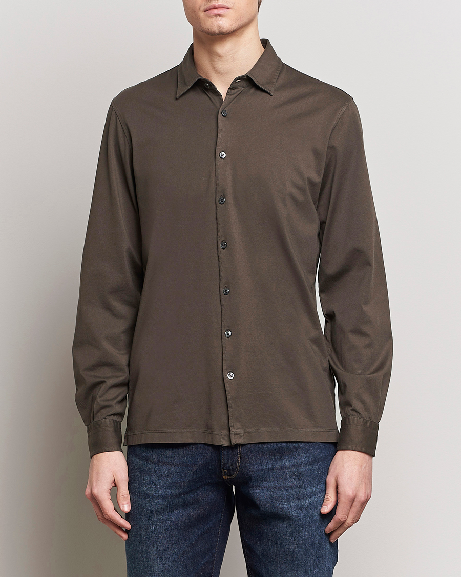 Herr | Casual | Gran Sasso | Washed Cotton Jersey Shirt Dark Brown