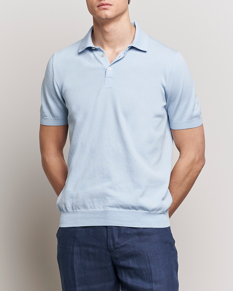 Herr | Kortärmade pikéer | Gran Sasso | Cotton Knitted Polo Light Blue