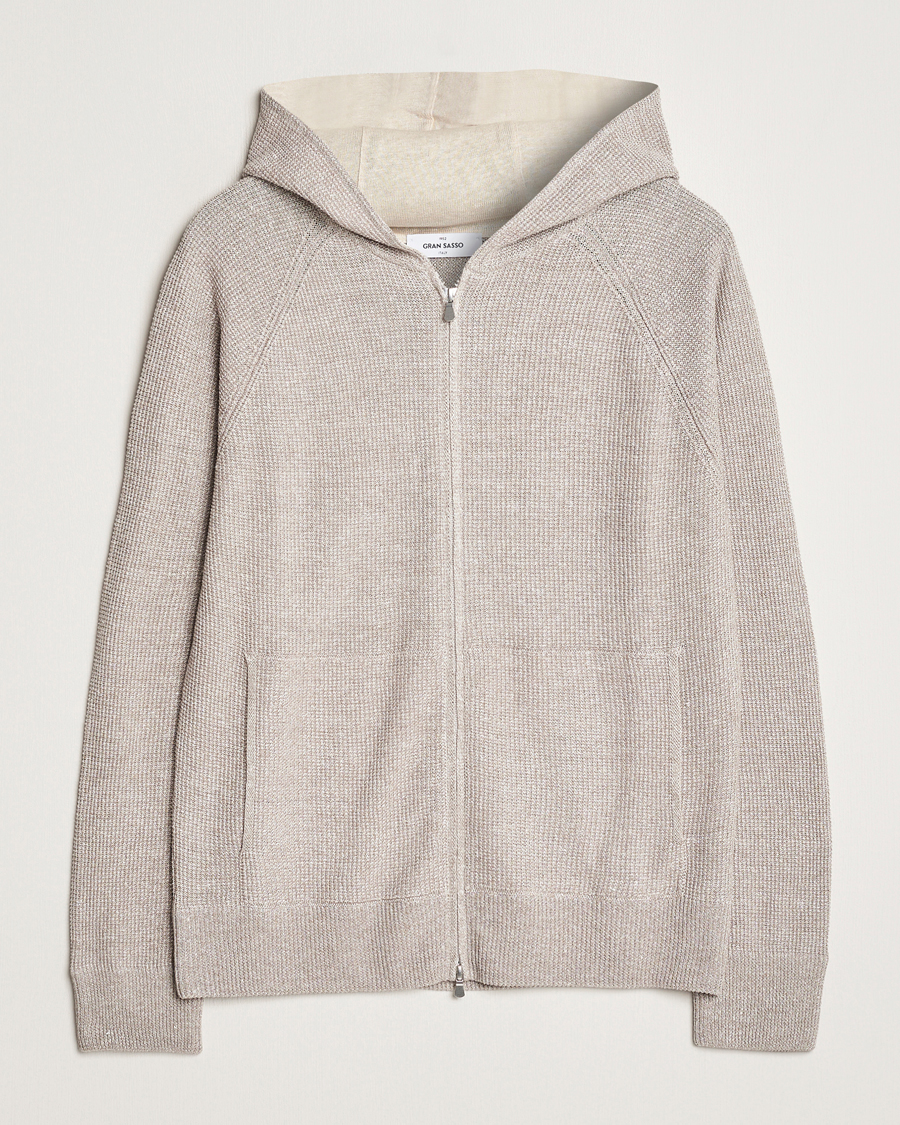 Herr | Tröjor | Gran Sasso | Linen/Cotton Knitted Hooded Full Zip Beige Melange