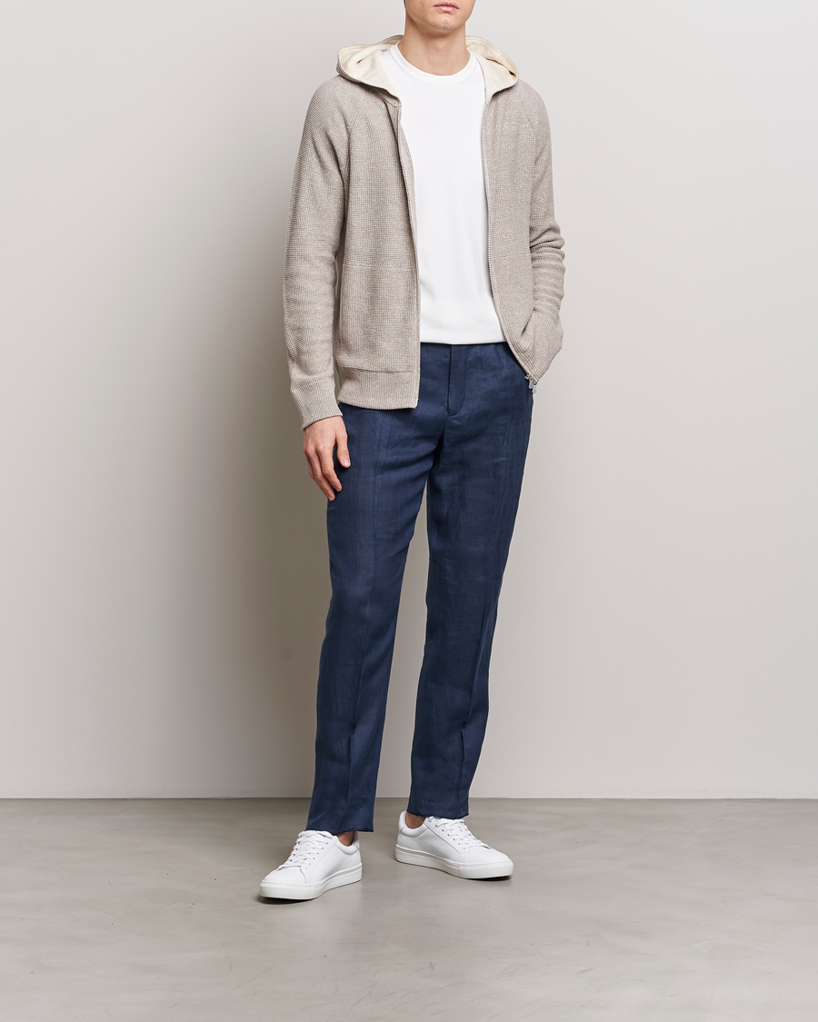 Herr | Tröjor | Gran Sasso | Linen/Cotton Knitted Hooded Full Zip Beige Melange