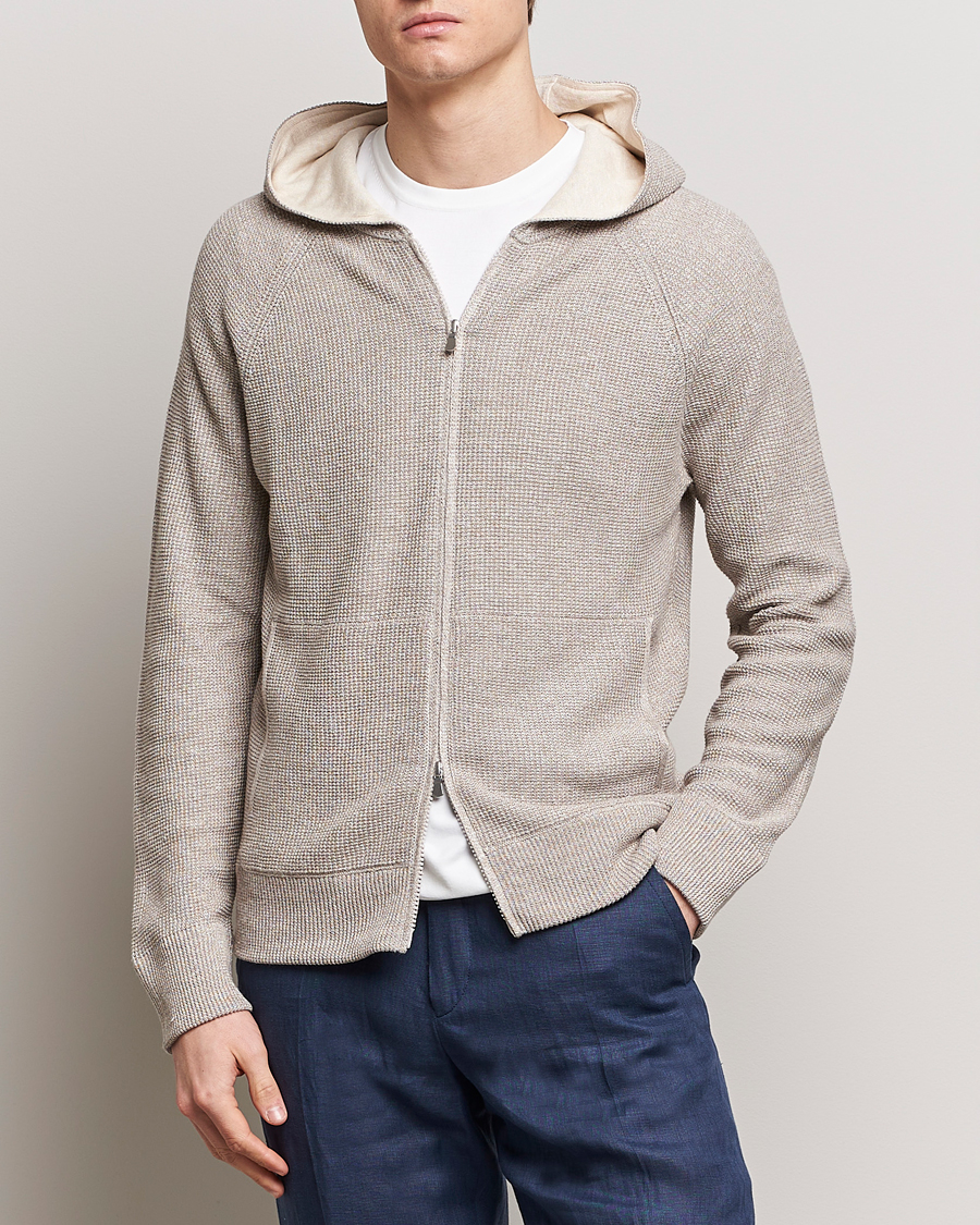 Herr | Gran Sasso | Gran Sasso | Linen/Cotton Knitted Hooded Full Zip Beige Melange