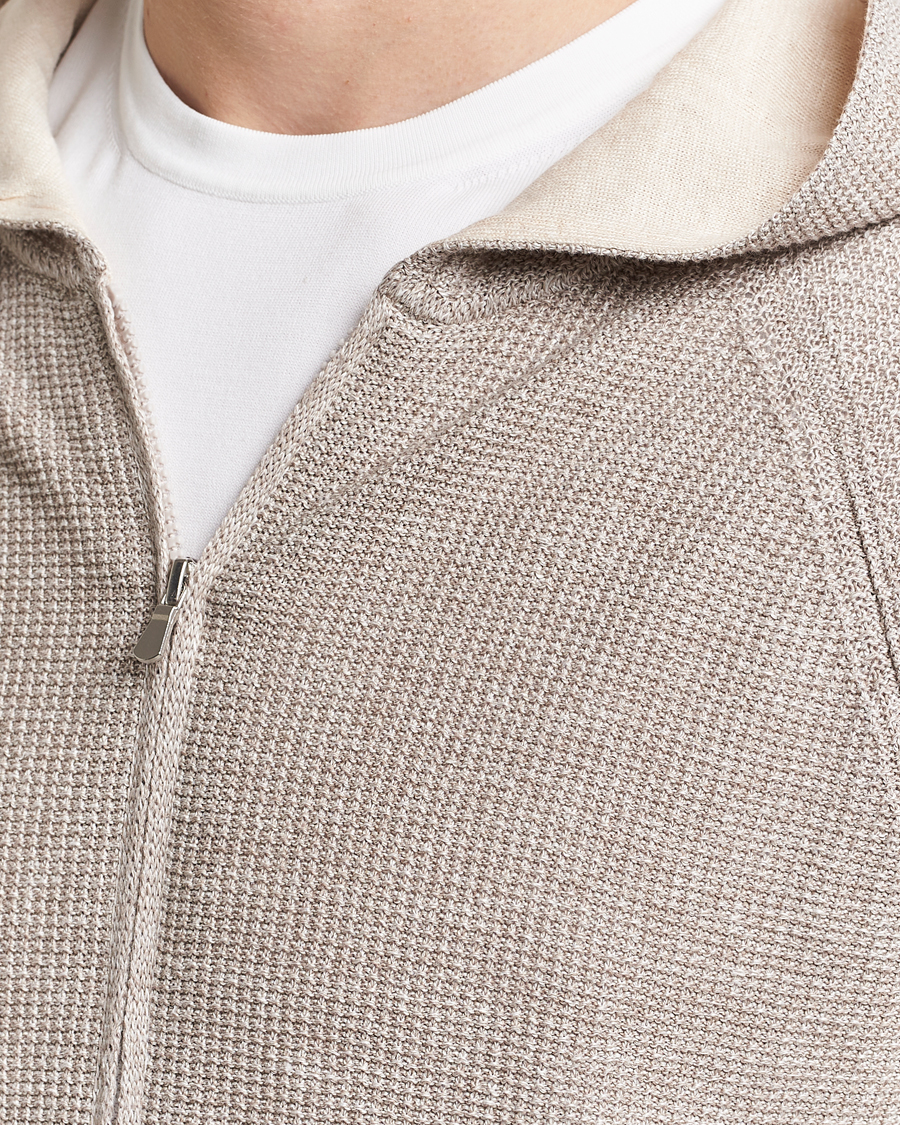 Herr | Tröjor | Gran Sasso | Linen/Cotton Knitted Hooded Full Zip Beige Melange