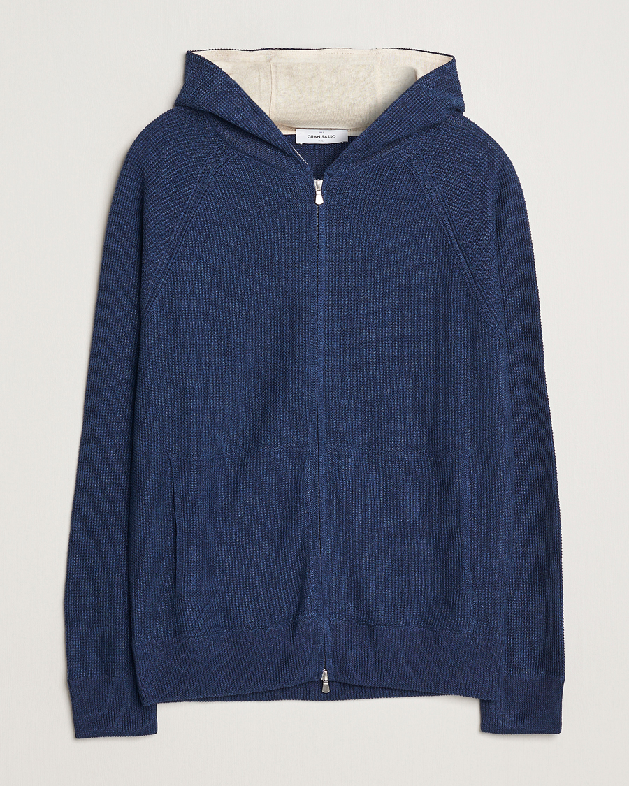 Herr | Tröjor | Gran Sasso | Linen/Cotton Knitted Hooded Full Zip Navy