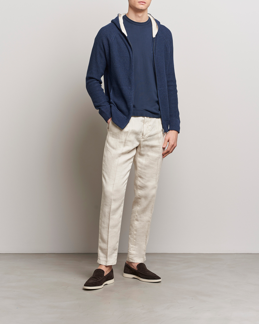 Herr | Tröjor | Gran Sasso | Linen/Cotton Knitted Hooded Full Zip Navy