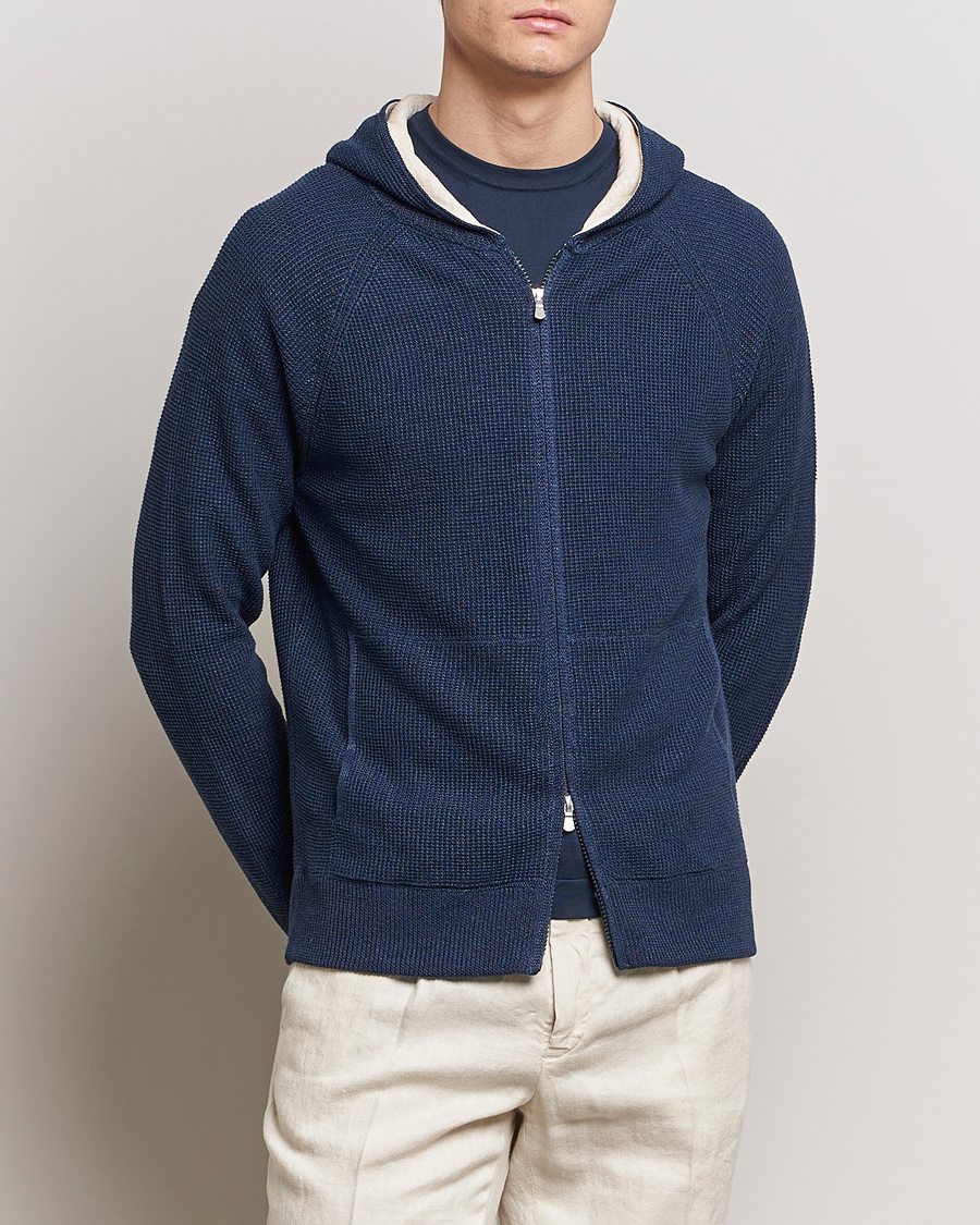 Herr | Italian Department | Gran Sasso | Linen/Cotton Knitted Hooded Full Zip Navy