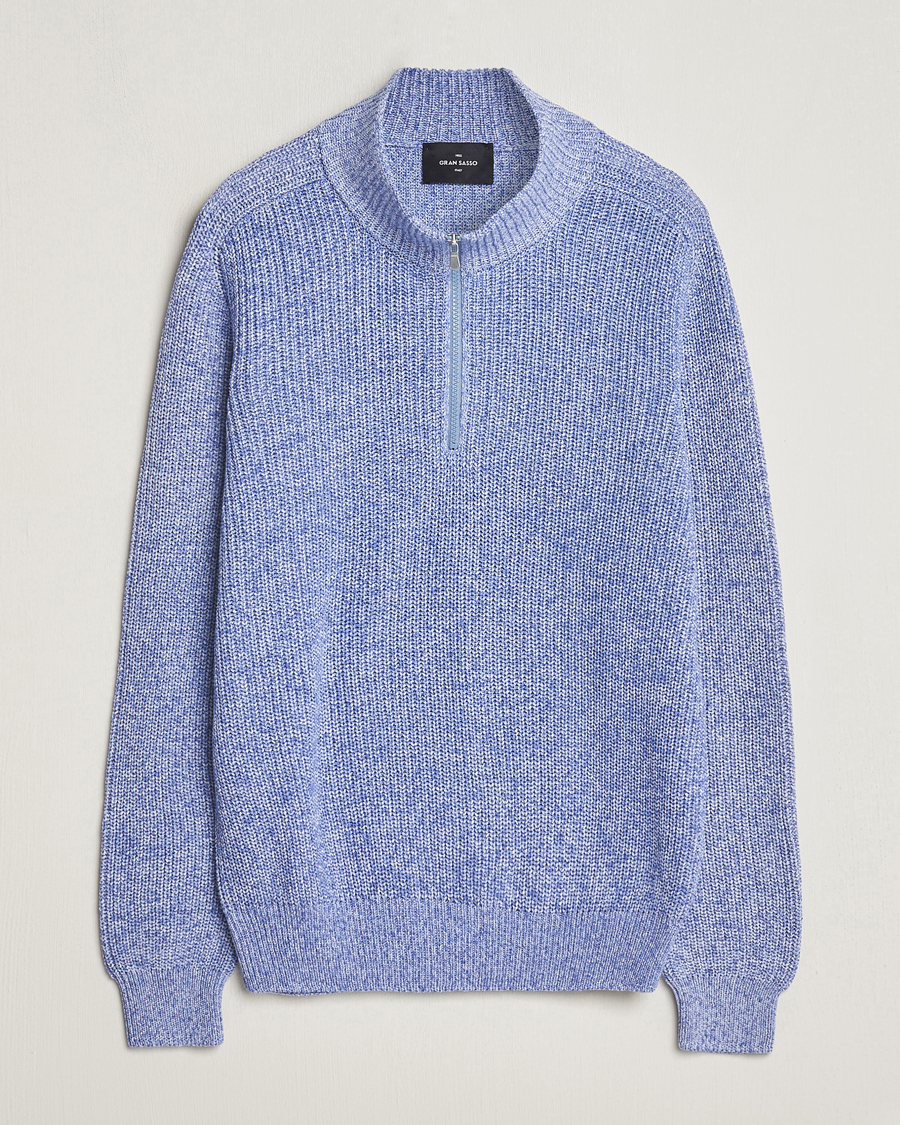 Herr | Tröjor | Gran Sasso | Cotton Heavy Knitted Half Zip Blue Melange