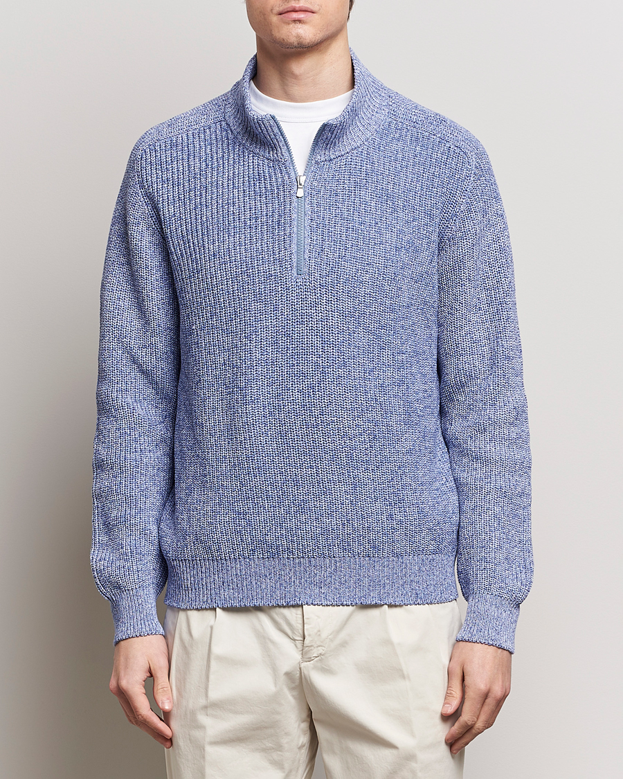 Herr | Italian Department | Gran Sasso | Cotton Heavy Knitted Half Zip Blue Melange