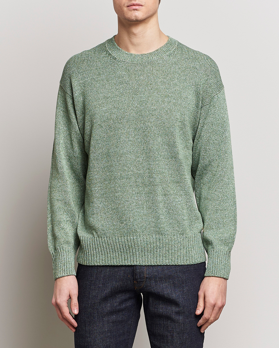 Herr | Italian Department | Gran Sasso | Cotton Heavy Knitted Crew Neck Green Melange