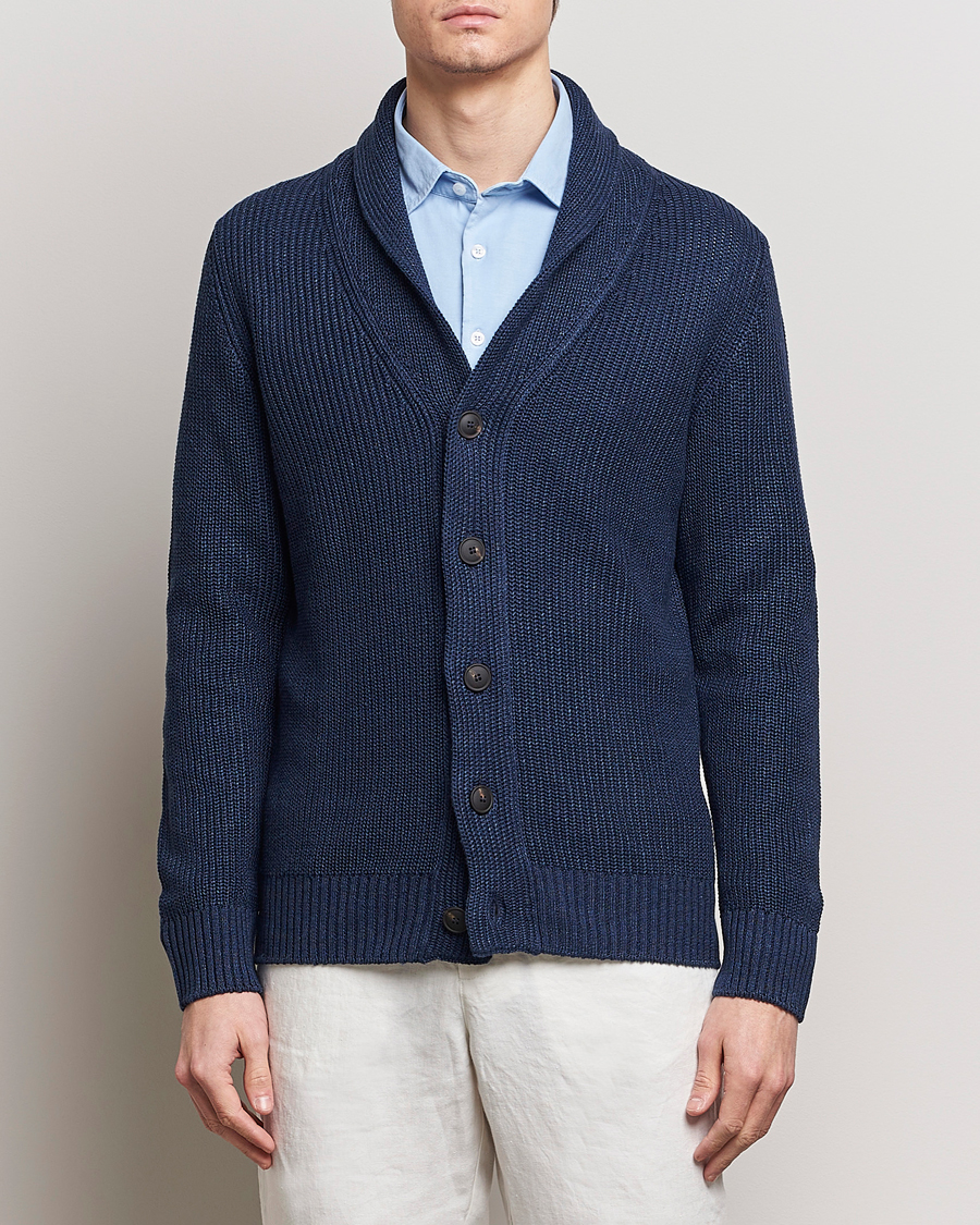 Herr | Cardigans | Gran Sasso | Linen/Cotton Shawl Collar Cardigan Navy