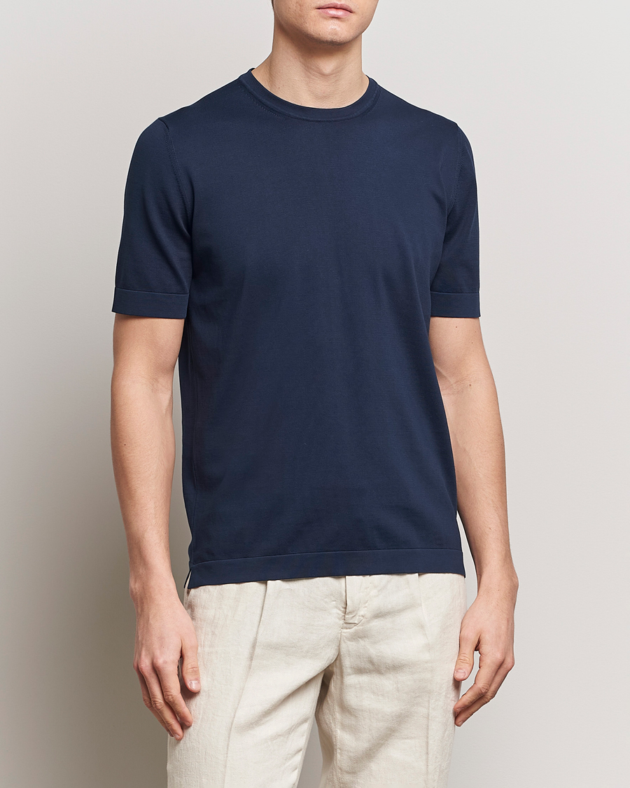 Herr | Italian Department | Gran Sasso | Cotton Knitted Crew Neck T-Shirt Navy