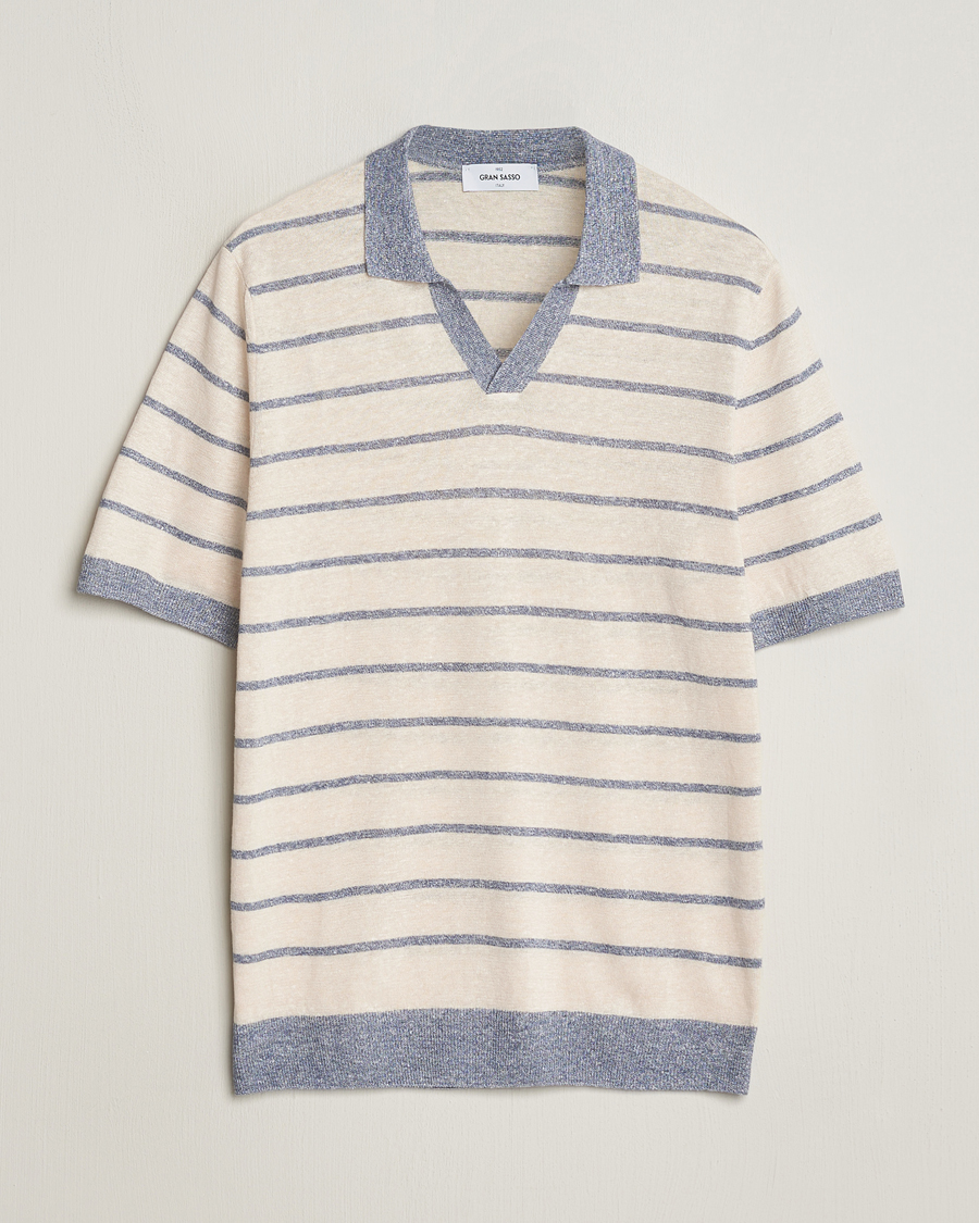 Herr | Pikéer | Gran Sasso | Linen/Cotton Knitted Striped Open Collar Polo Cream/Blue