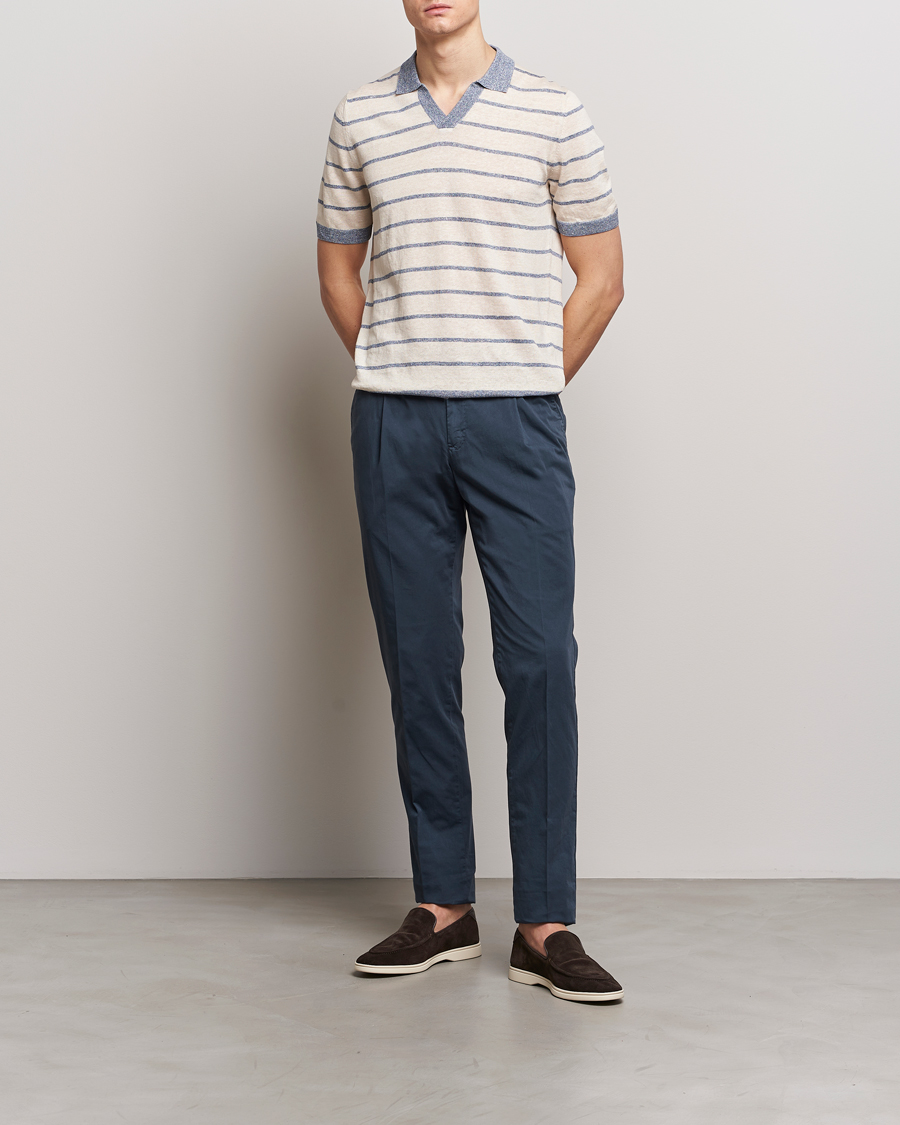 Herr | Pikéer | Gran Sasso | Linen/Cotton Knitted Striped Open Collar Polo Cream/Blue