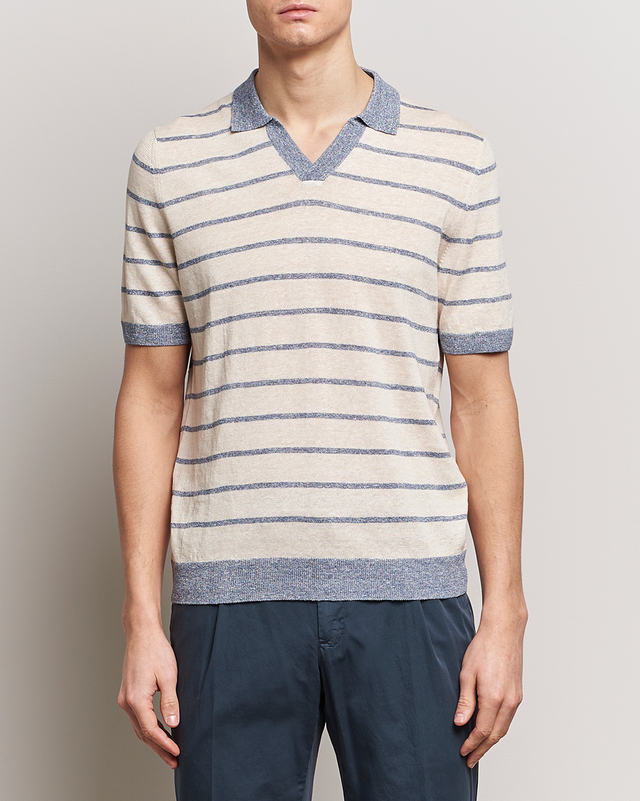 Herr | Pikéer | Gran Sasso | Linen/Cotton Knitted Striped Open Collar Polo Cream/Blue