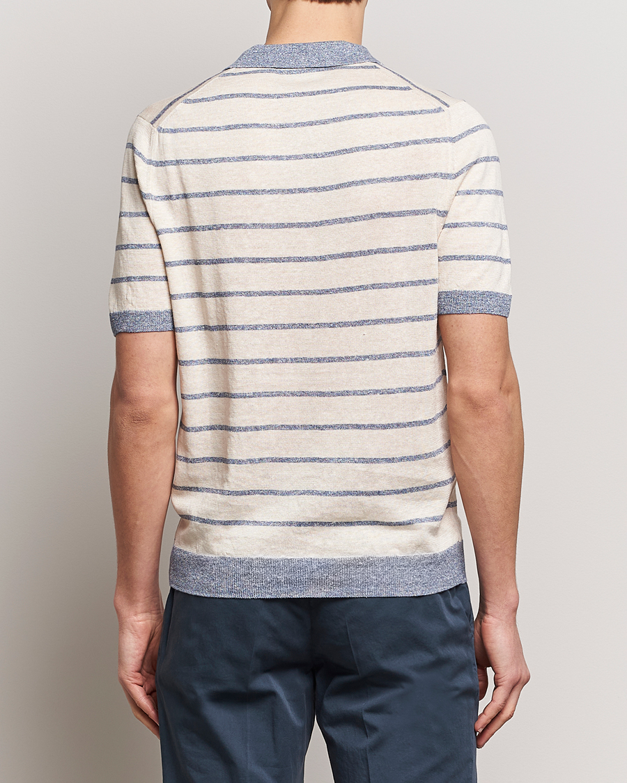 Herr | Pikéer | Gran Sasso | Linen/Cotton Knitted Striped Open Collar Polo Cream/Blue