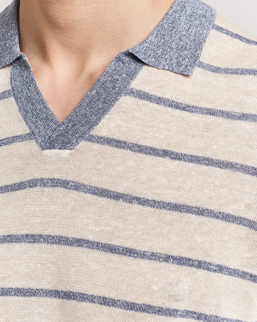 Herr | Pikéer | Gran Sasso | Linen/Cotton Knitted Striped Open Collar Polo Cream/Blue