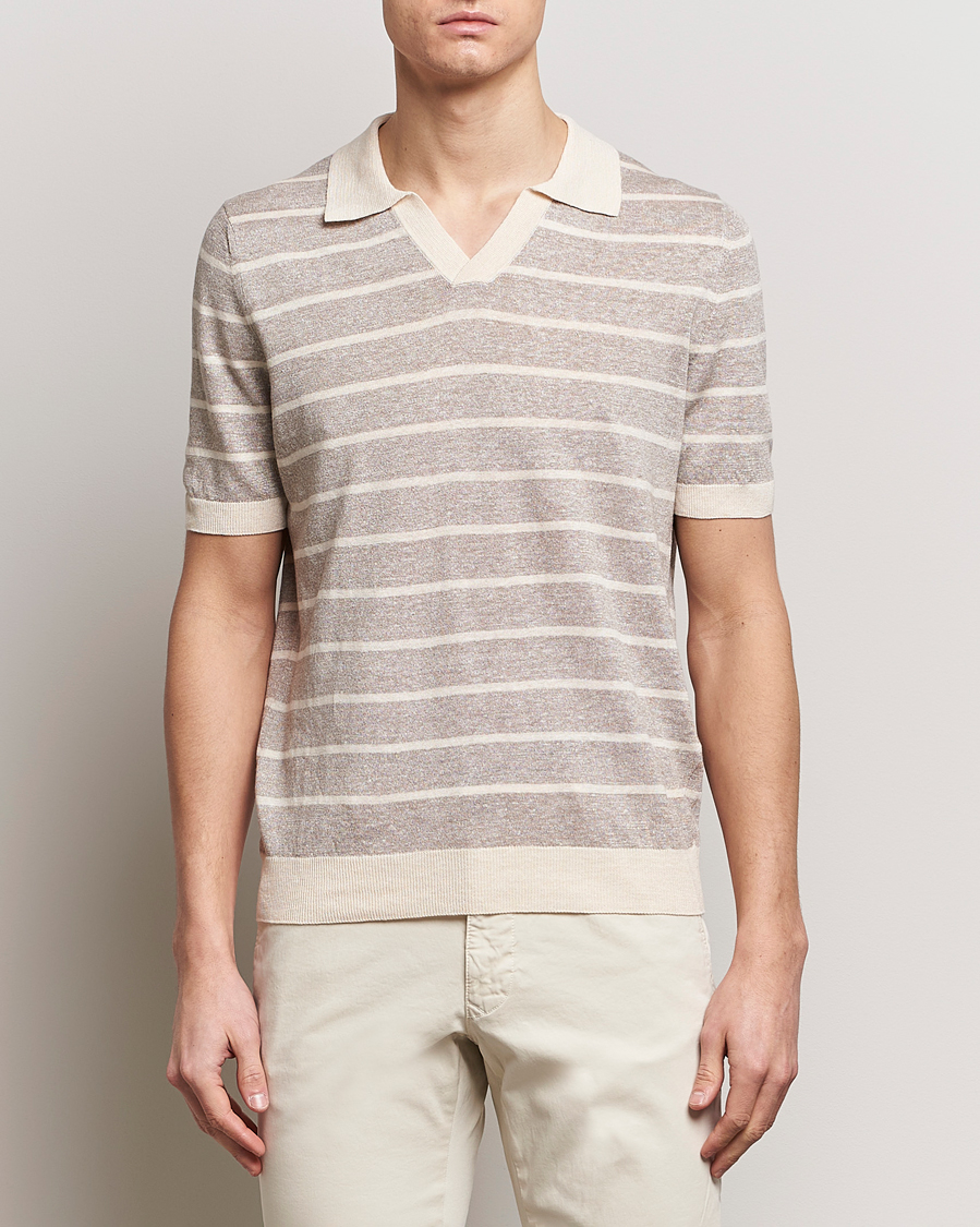 Herr | Kortärmade pikéer | Gran Sasso | Linen/Cotton Knitted Striped Open Collar Polo Beige/Cream