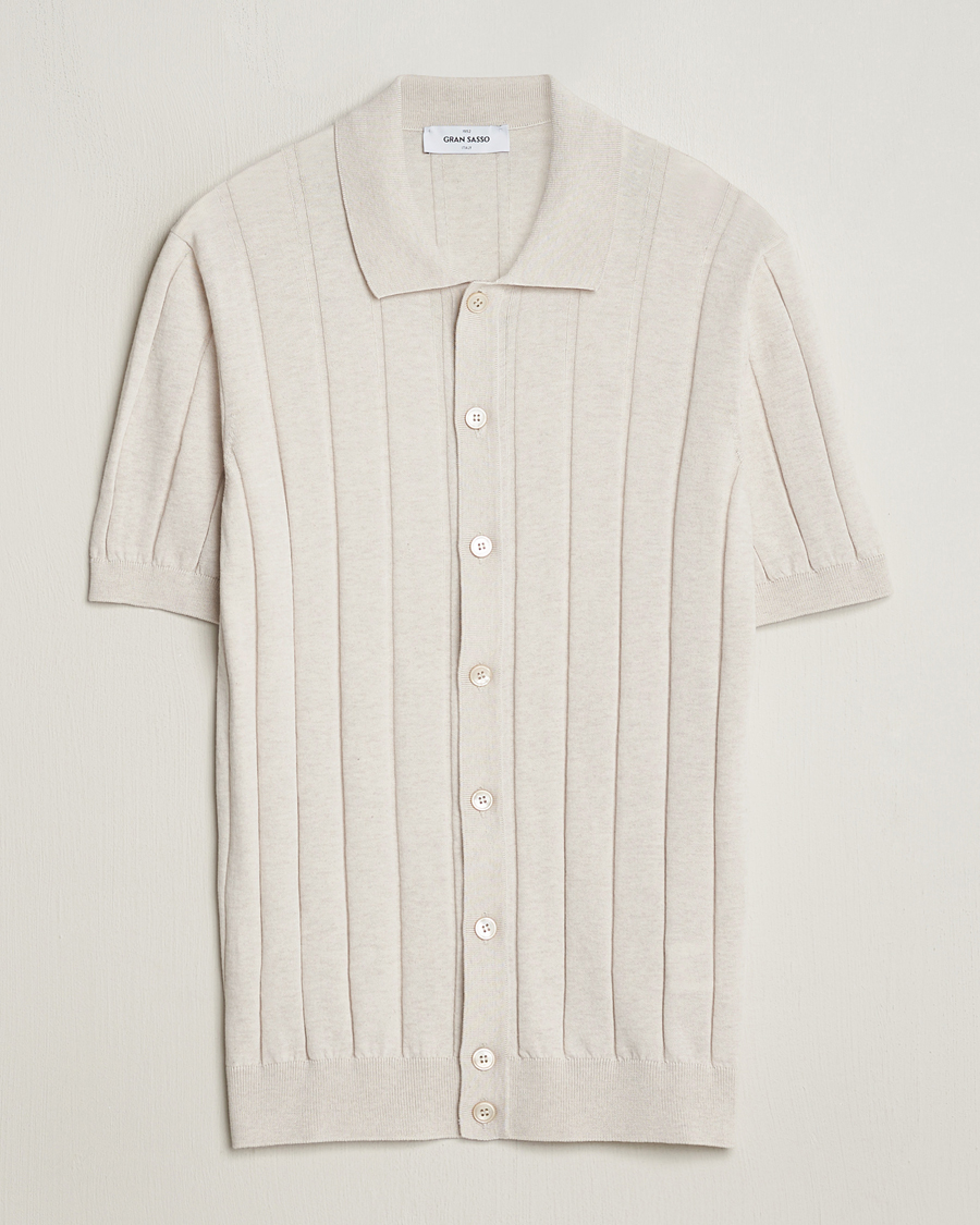 Herr | Skjortor | Gran Sasso | Cotton Ribbed Knitted Resort Shirt Light Beige