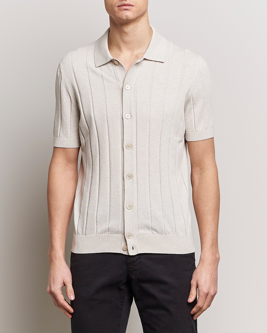 Herr | Skjortor | Gran Sasso | Cotton Ribbed Knitted Resort Shirt Light Beige