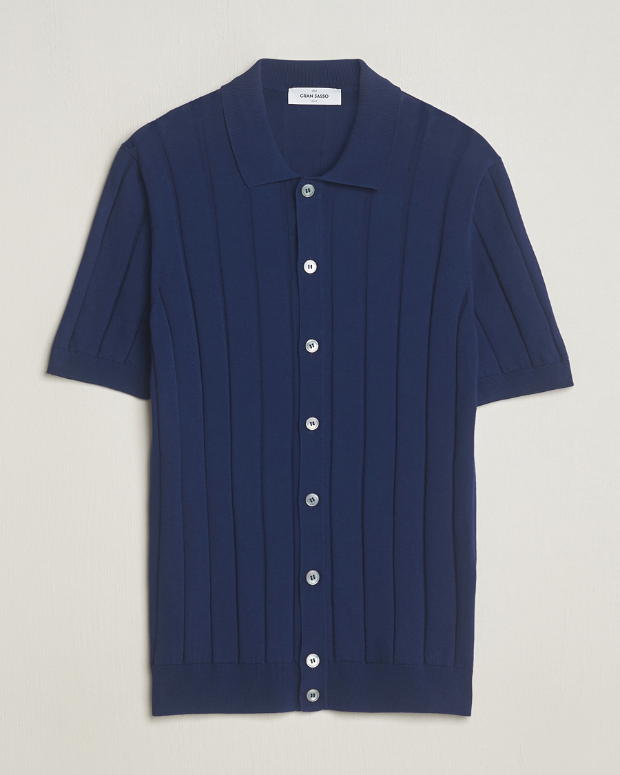 Herr | Skjortor | Gran Sasso | Cotton Structured Knitted Short Sleeve Shirt Light Navy