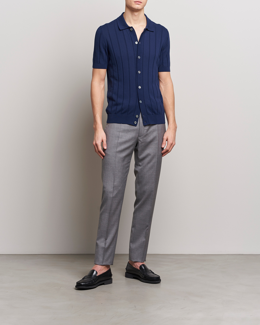 Herr | Skjortor | Gran Sasso | Cotton Structured Knitted Short Sleeve Shirt Light Navy