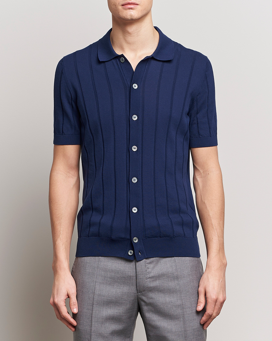 Herr | Gran Sasso | Gran Sasso | Cotton Structured Knitted Short Sleeve Shirt Light Navy