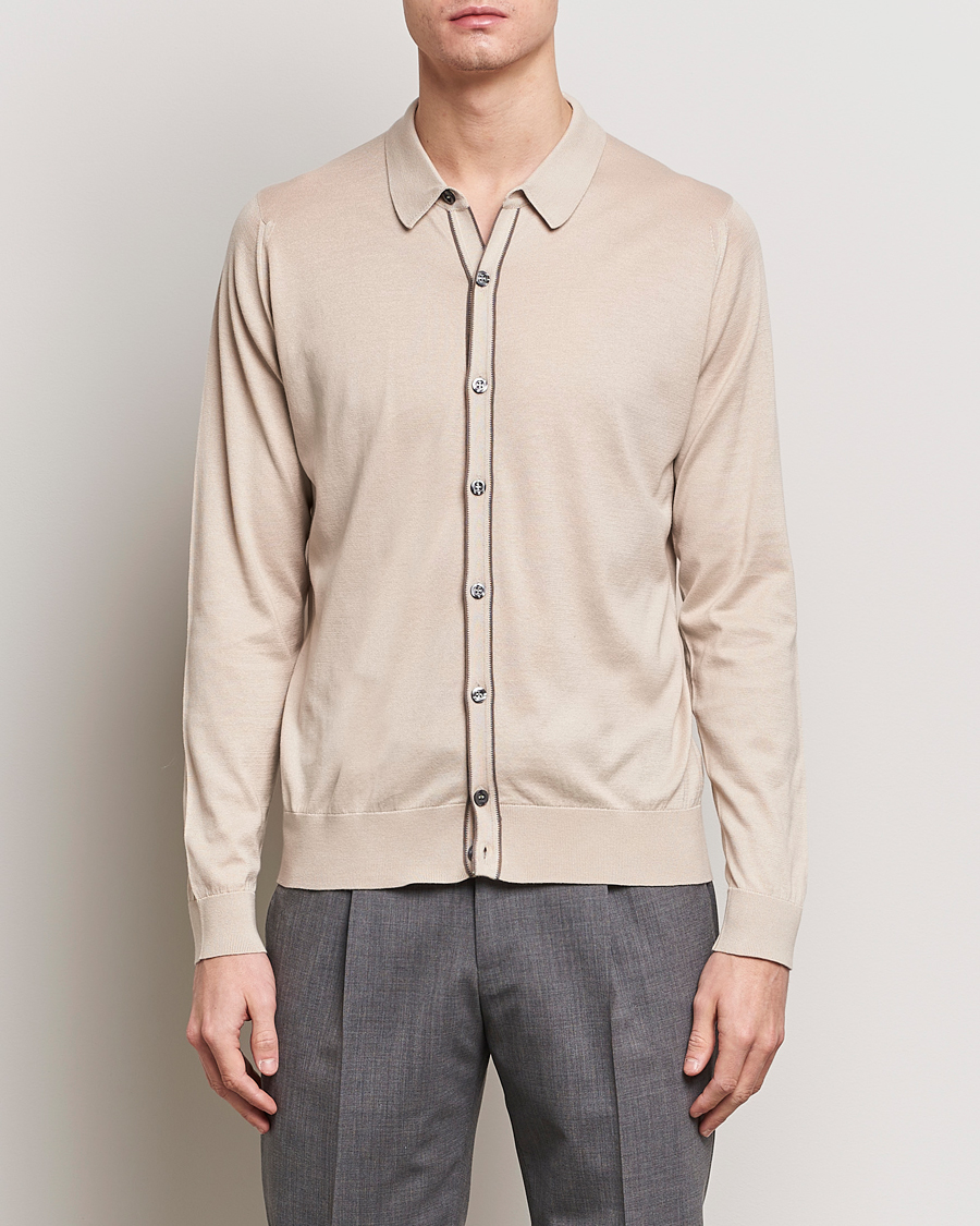 Herr | Best of British | John Smedley | Shadow Tipped Sea Island Cotton Cardigan Almond