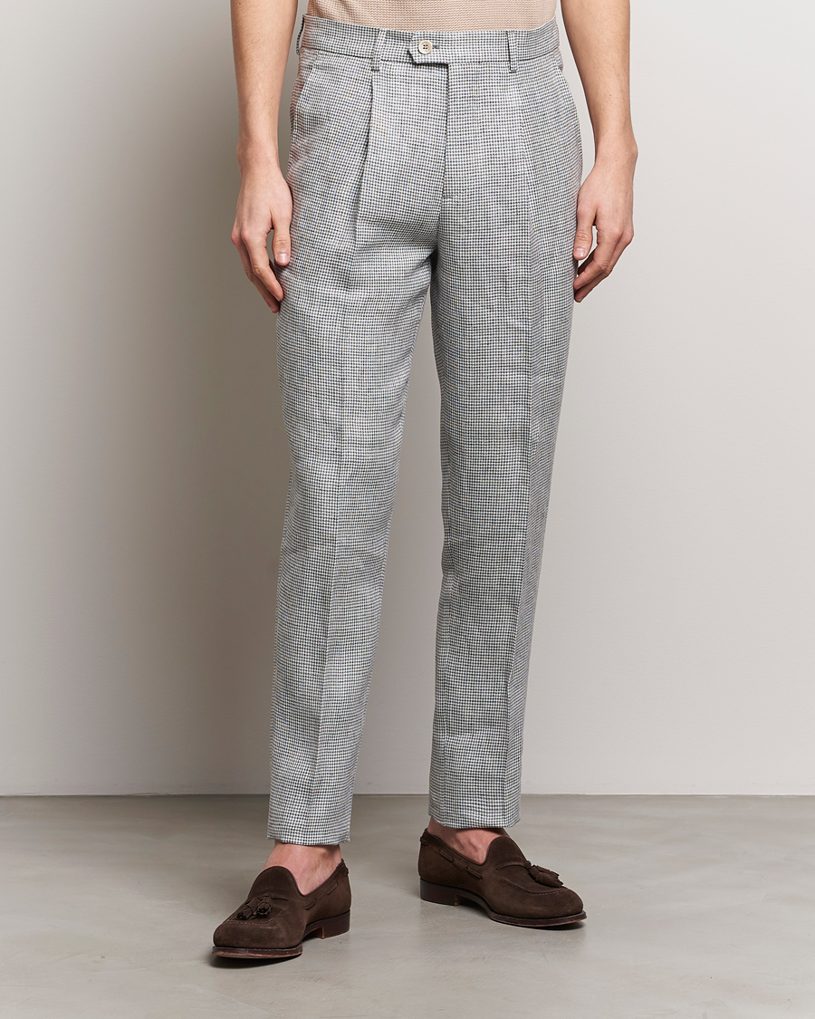 Herr | Linnebyxor | Brunello Cucinelli | Pleated Houndstooth Trousers Light Grey