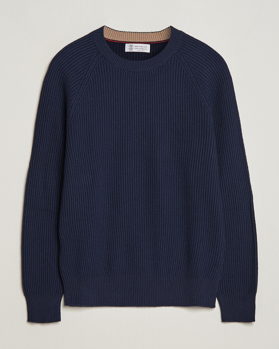 Herr | Tröjor | Brunello Cucinelli | Heavy Rib Stitch Crew Neck Navy