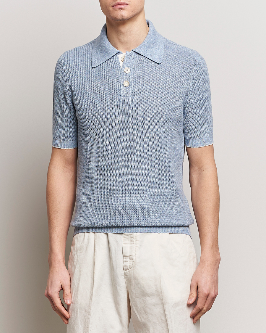 Herr | Kläder | Brunello Cucinelli | Cotton/Linen Rib Knitted Polo Light Blue