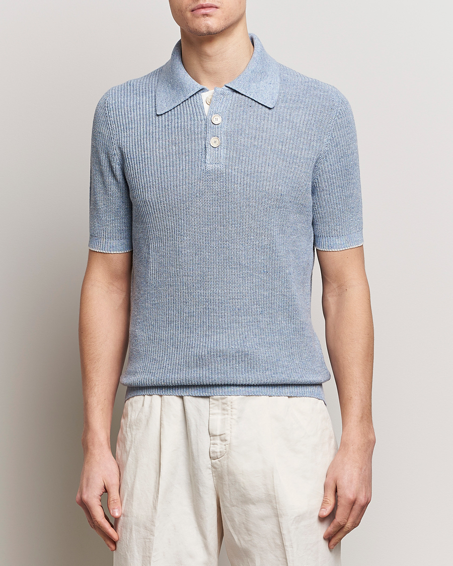 Herr | Brunello Cucinelli | Brunello Cucinelli | Cotton/Linen Rib Knitted Polo Light Blue