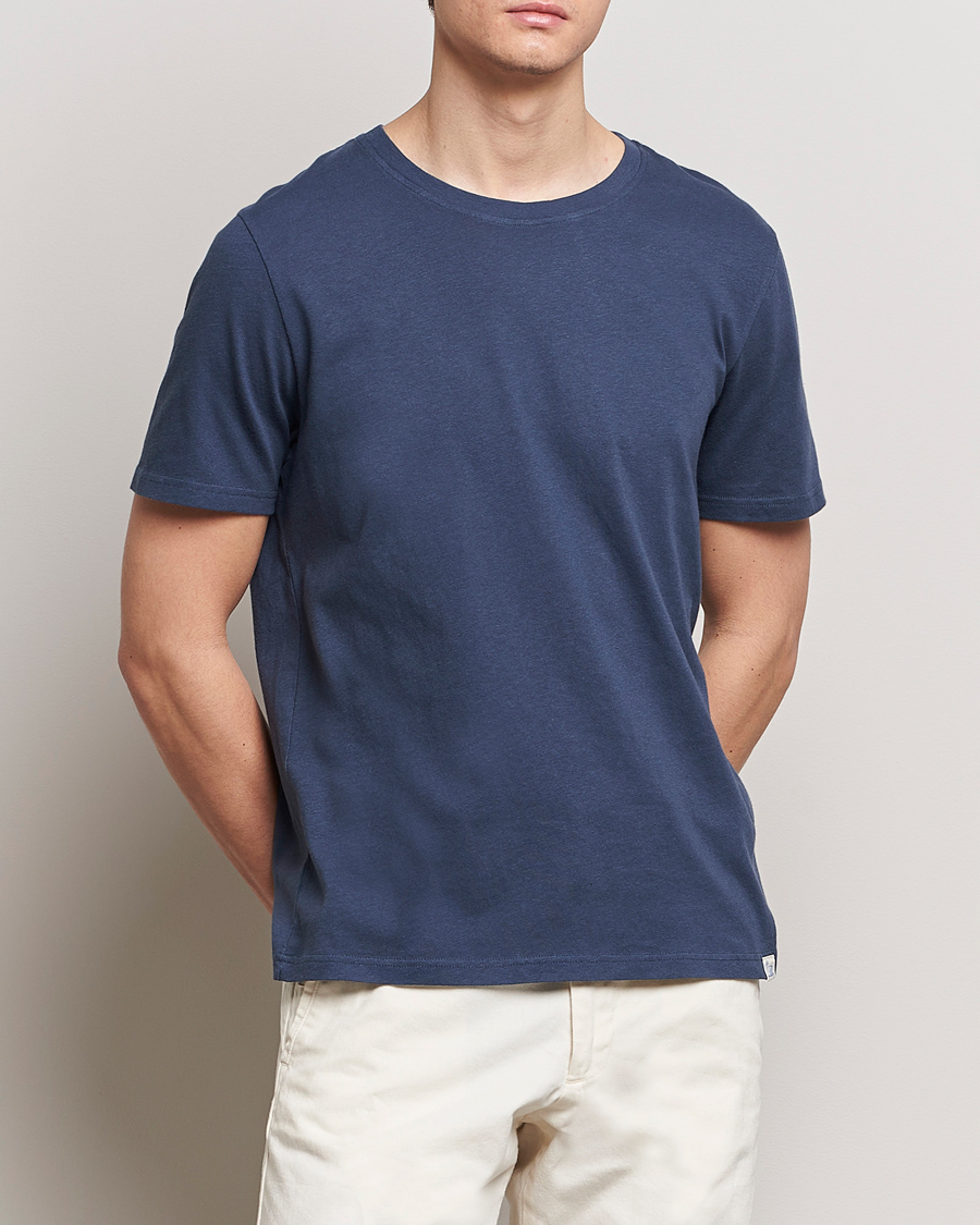 Herr | Kläder | Merz b. Schwanen | Organic Cotton Washed Crew Neck T-Shirt Denim Blue