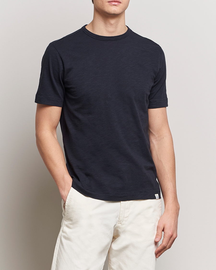 Herr | Merz b. Schwanen | Merz b. Schwanen | Organic Pima Cotton Slub Crew Neck T-Shirt Dark Navy