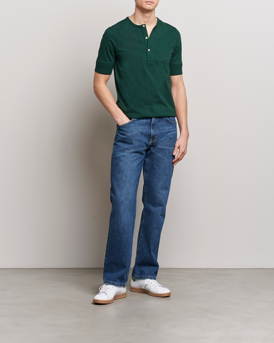 Herr | T-Shirts | Merz b. Schwanen | Short Sleeve Organic Cotton Henley Classic Green