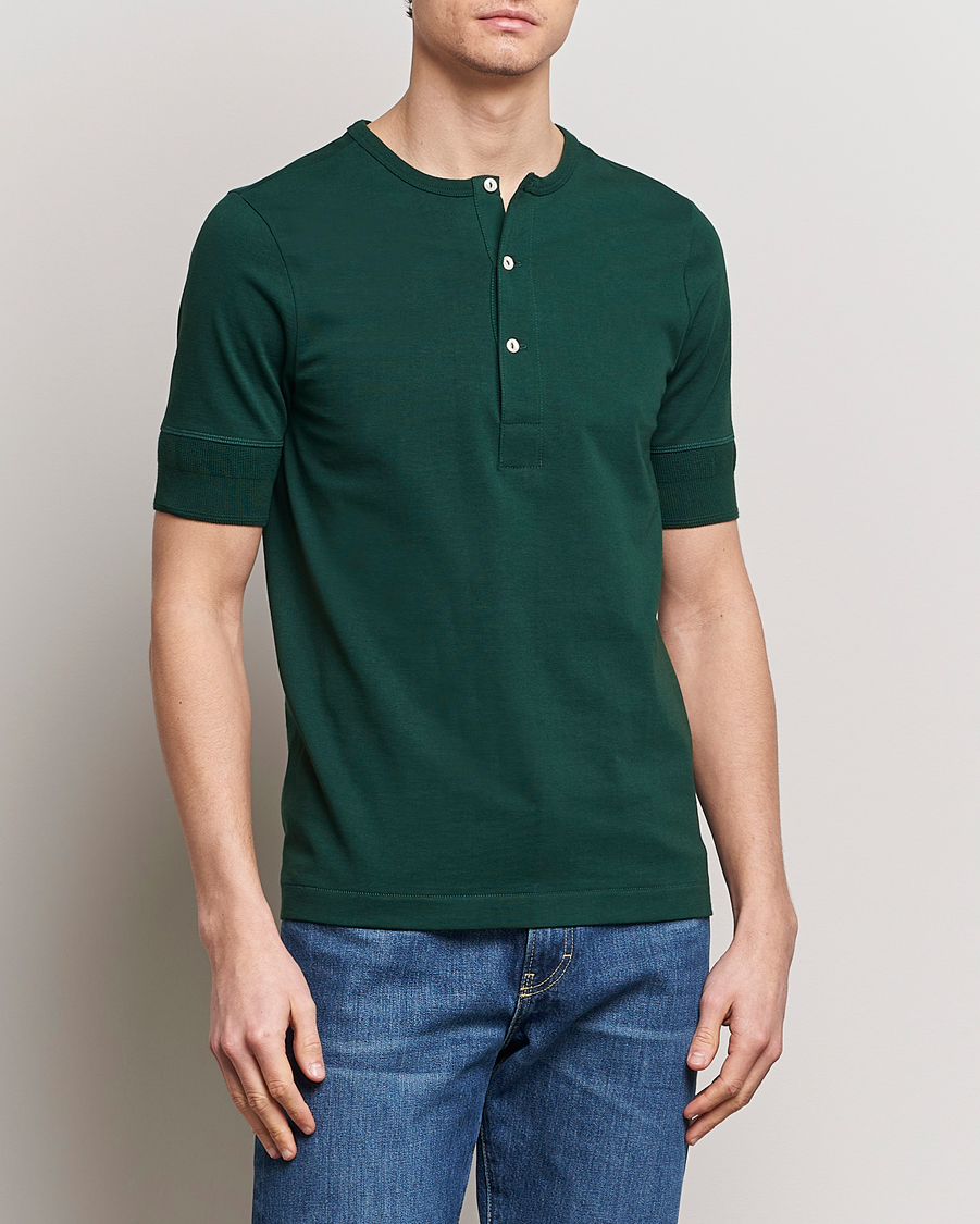 Herr | Kortärmade t-shirts | Merz b. Schwanen | Short Sleeve Organic Cotton Henley Classic Green