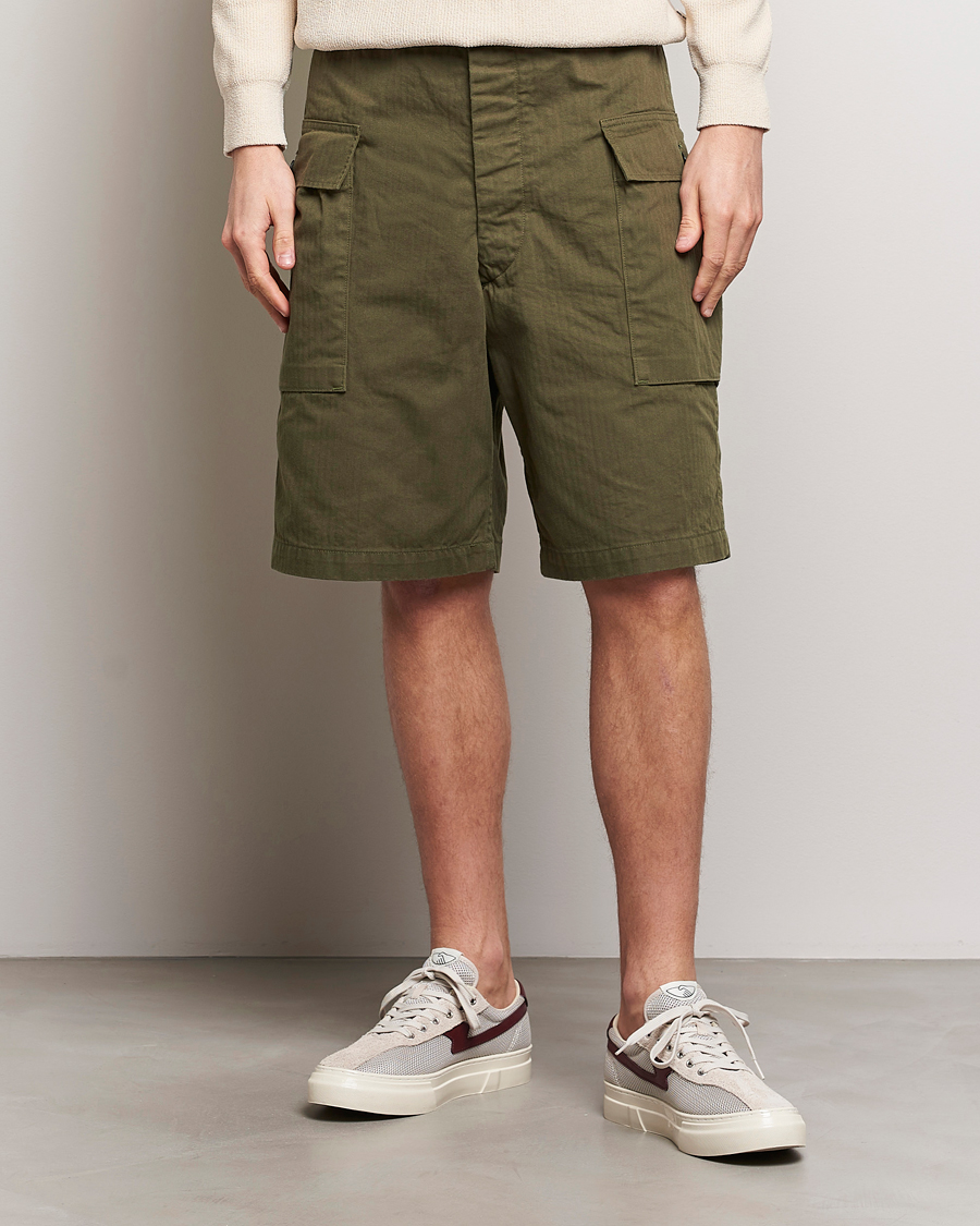 Herr | orSlow | orSlow | Herringbone Cotton Cargo Short Army Green