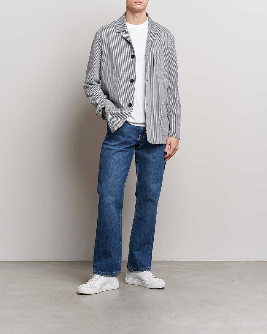 Herr | Kavajer | Harris Wharf London | Coolmax Striped Seersucker Drop Shoulder Blazer Blue/Cream